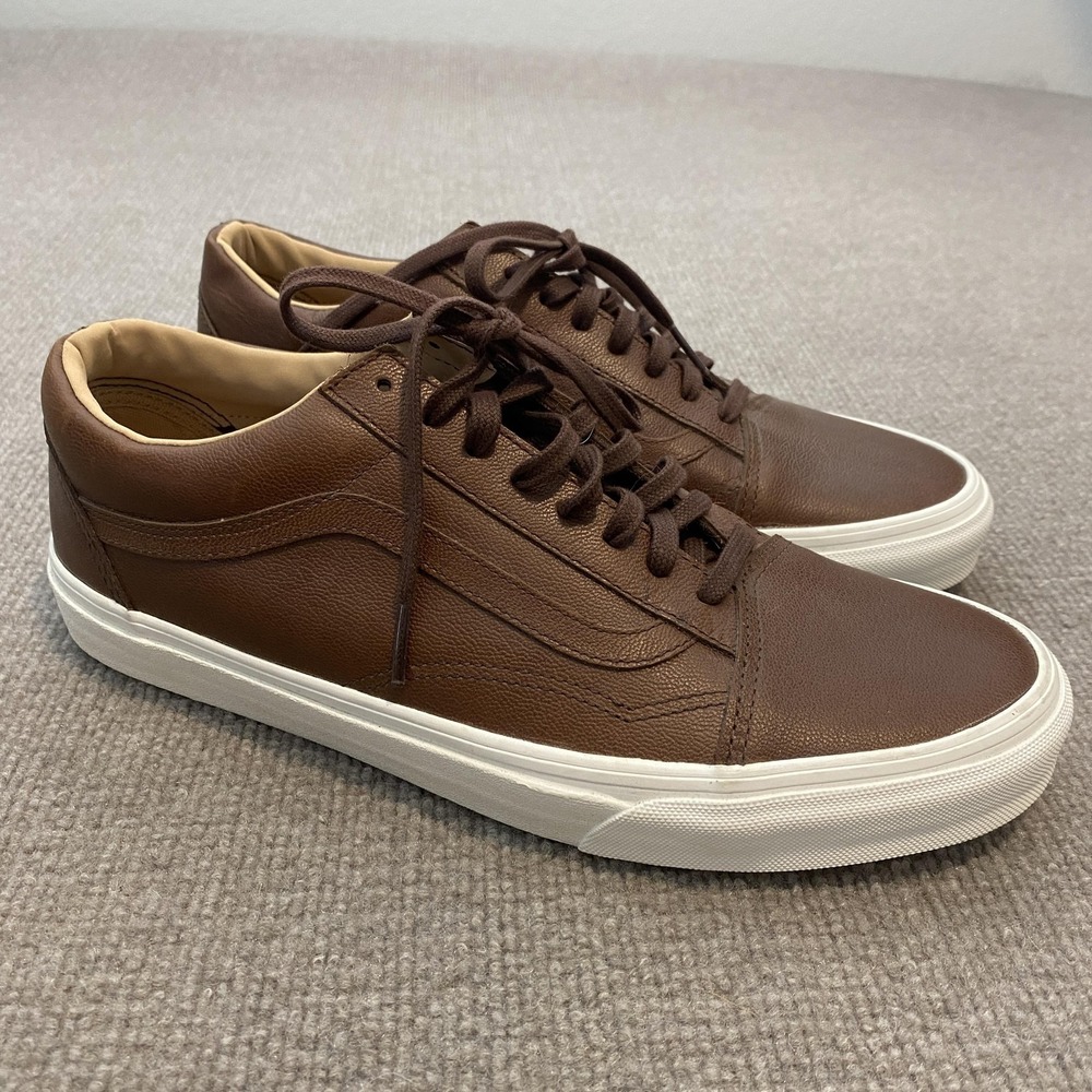 Vans Old Skool Shoes Mens 10.5 Women 12 Brown Leather Low Top Skate Sneakers